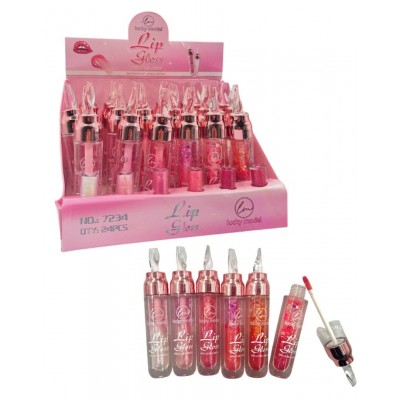 5MA-7234 LIP GLOSS ESCARCHADO CON APLICADOR FINO LUCKY MODEL X24PCS
